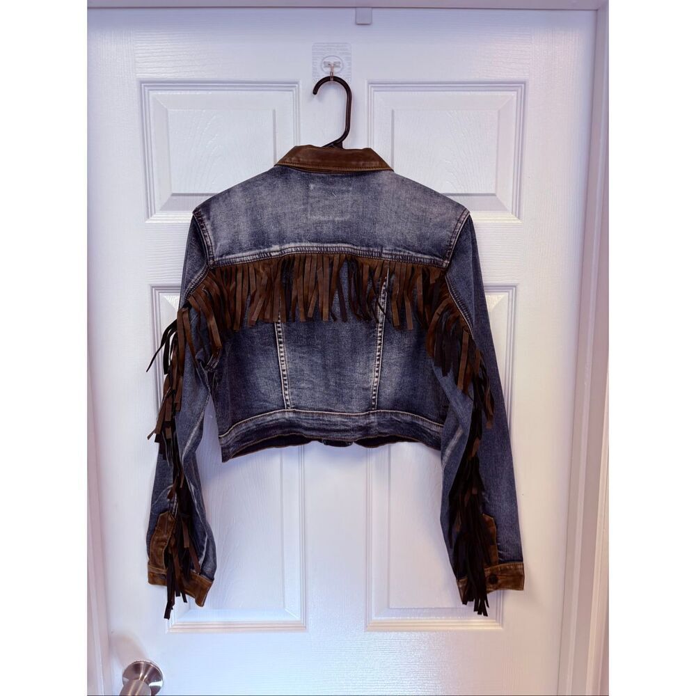 Denim Brown faux leather fringe jacket